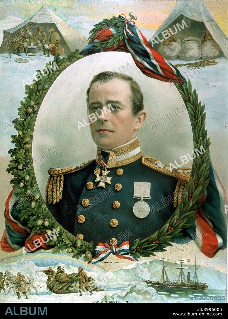 Robert Falcon Scott (1868-1912), British Antarctic explorer, 1914. Portrait surrounded by vignettes of his fatal expedition to South Pole. Bottom: 'Terra Nova', the expedition's ship; the explorers with dogs and sledges. Top: eating in tents on the ice; in sleeping bags. Scott's final expedition left London on 1 June 1910 bound for the South Pole. He reached the Pole on 17 January 1912, only to find that the Norwegian expedition under Amundsen had beaten them to their objective by a month. Delayed by blizzards, and running out of supplies, Scott and his team died at the end of March. Their bodies and diaries were found eight months later. From a trade calendar for 1914.