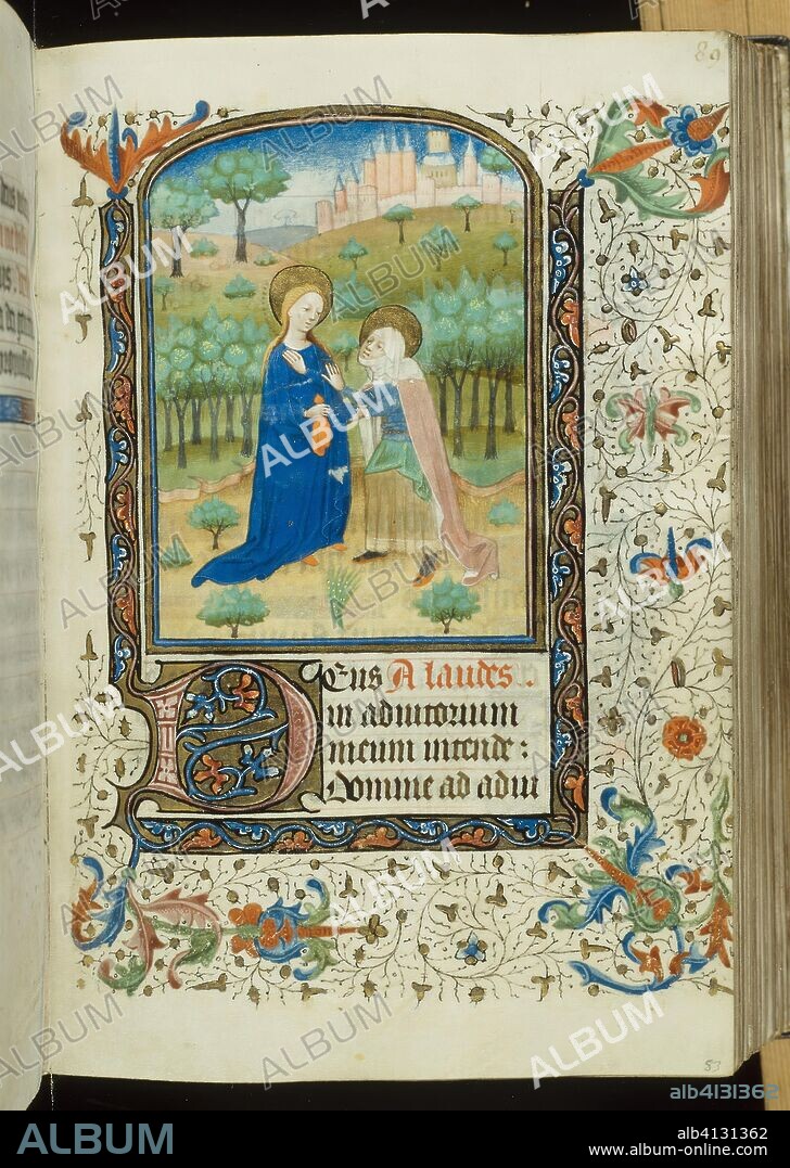 The Annunciation, from a Book of Hours. Workshop of the Master of the Privileges of Ghent and Flanders; Flanders (Ghent or Tournai). Date: 1440-1445. Dimensions: 190 × 135 mm (book); 115 × 100 mm (sheets). Manuscript with 230 folios, 12 full-page miniatures and other decorations in gold leaf, tempera and colored inks, and littera textualis inscriptions in Latin and French in dark black ink, ruled in red with red rubrics, on parchment, with two parchment fly leaves upper cover, three parchment fly leaves lower cover, sheets with gilded edges, in modern binding of brown morocco leather over wooden boards. Origin: Flanders.