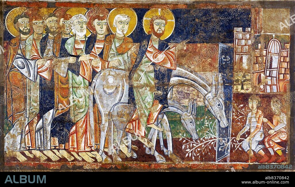 The Hermitage of San Baudelio de Berlanga (Ermita de San Baudelio de Berlanga) is an early 11th-century church at Caltojar in the province of Soria, Spain, 80 km south of Berlanga de Duero. It is an example of Mozarabic architecture and was built in the 11th century, in what was then the frontier between Islamic and Christian lands. It is dedicated to Saint Baudilus or Baudel.<br/><br/>. The hermitage housed many fine Romanesque frescoes from about 1125; most of these have been removed, but some have remained. Two sections, transferred to canvas, are now in the Indianapolis Museum of Art, showing the Entry of Christ into Jerusalem and the Wedding at Cana.<br/><br/>. The paintings were done by the Catalan Master of Tahull (Taüll in Catalan), whose best known works are in Sant Climent de Taüll and the Museu Nacional d'Art de Catalunya in Barcelona, with two other painters. The frescoes include that of a camel and of a war elephant, which were inspired by Muslim motifs.