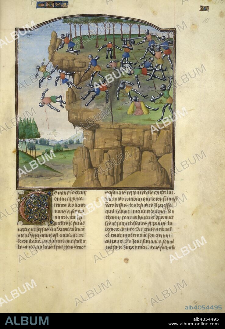 QUINTUS CURTIUS RUFUS, VASCO DA LUCENA y MASTER OF THE VIENNA CHRONIQUES D'ANGLETERRE. Alexander defeats the Arians. Livre des Fais d'Alexandre le Grant. S. Netherlands (Bruges?); between 1468 and 1475. (Whole folio) Alexander the Great defeating the troops of Satibarzanes, satrap of Aria. Text beginning with decorated initial 'C'  Image taken from Livre des Fais d'Alexandre le Grant.  Originally published/produced in S. Netherlands (Bruges?); between 1468 and 1475. . Source: Burney 169, f.111. Language: French.