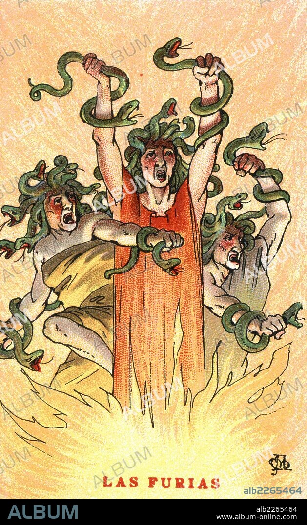 APEL·LES MESTRES I OÑÓS. Mitología. Las Furias, en griego Euménides, hijas del rio Aqueronte, personificación femenina de la venganza; se las representa con serpientes enroscadas en sus cabellos, portando látigos y antorchas.  Años 1920.
