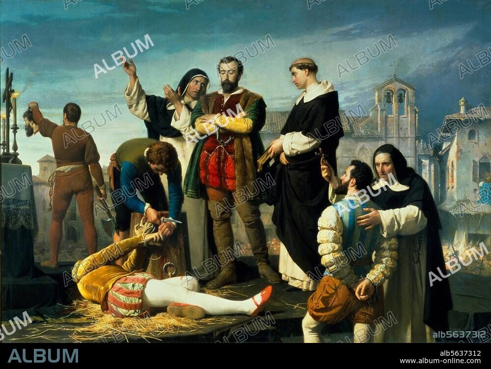 Padilla, Juan de; Span. Officer (leader of uprising of Comuneros against Charles V.); 1490-1521. "The Execution of Padilla and his Comuneros in Madrid 1521" (24. April; with the comuneros Juan Bravo and Francisco Maldonado). Painting, 1860, by Antonio Gisbert Perez (1834-1901). Madrid, Congreso de los Diputados.