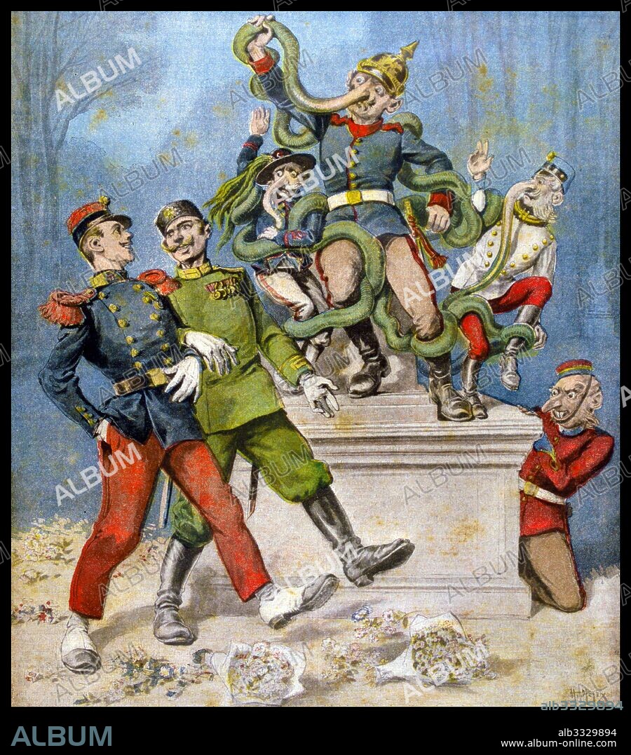 Cartoon showing the Triple Alliance between Germany, Italy and Austria. Germany is shown by Laocoon, with Italy and Austria as his sons, being strangled by a serpent, while Russia and France stride by arm-in-arm and Britain peeps out from behind the plinth. From 'Le Petit Journal', Paris, 18 October 1896.