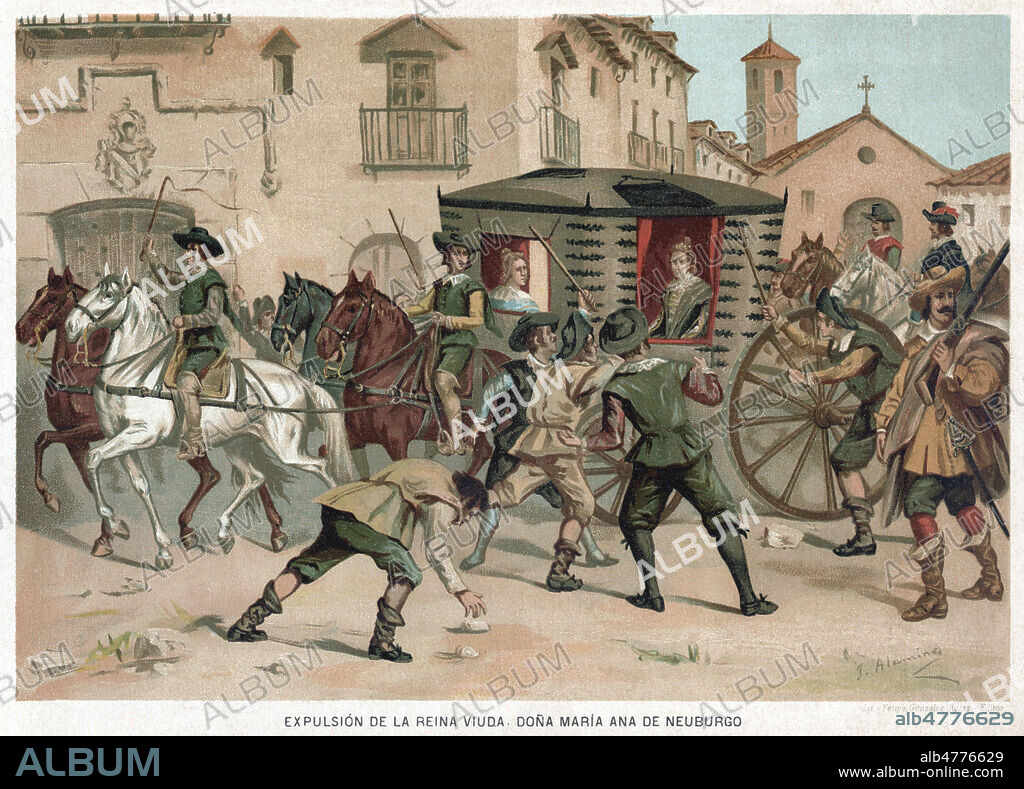 Expulsion d'Espagne de la Reine veuve Dona Maria Ana de NEUBURGO (1667-1740). Illustration de Juan ALAMINOS pour Historia des Espana vers 1885. Credit : Coll. Jonas/Kharbine-Tapabor.