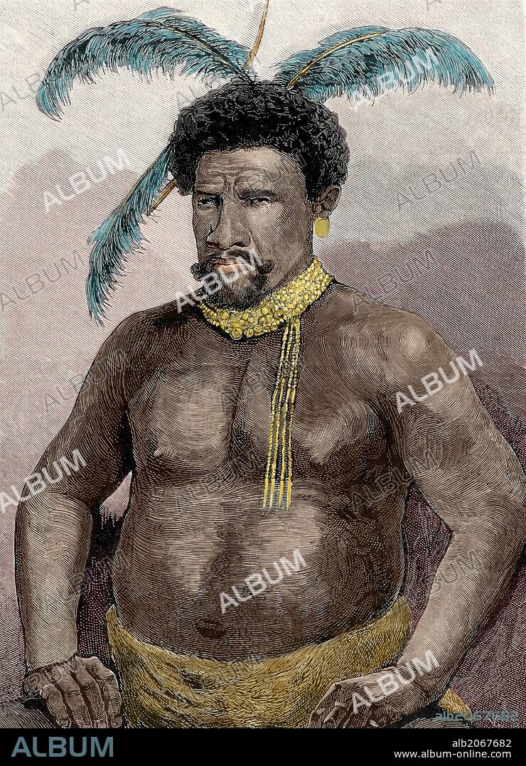 CETEWAYO o CETIWAYO (h.1834-Ekowe,1884). Rey zulú. Con el apoyo británico sucedió a su padre en el trono. Rompió la promesa de mantener buenas relaciones con el territorio de Natal. Luchó y perdió contra Lord Chelmsford (1879). Retrato realizado por el inglés Edward Tilt. Grabado por Vela. Coloreado. "La Ilustración Española y Americana", año 1879.