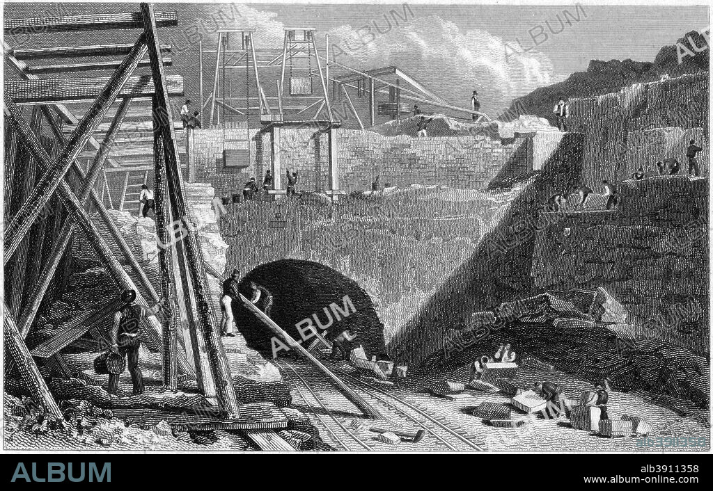 Entrance to the tunnel of the Liverpool & Manchester railway, Edge Hill, Liverpool, c1820s. This tunnel, seen here under construction ran from Edge Hill to Lime Street, Liverpool, and was designed by the engineer, William MacKenzie. It was one of the first railway tunnels ever built. The Liverpool & Manchester Railway was designed by its chief engineer, George Stephenson and opened in September 1830.