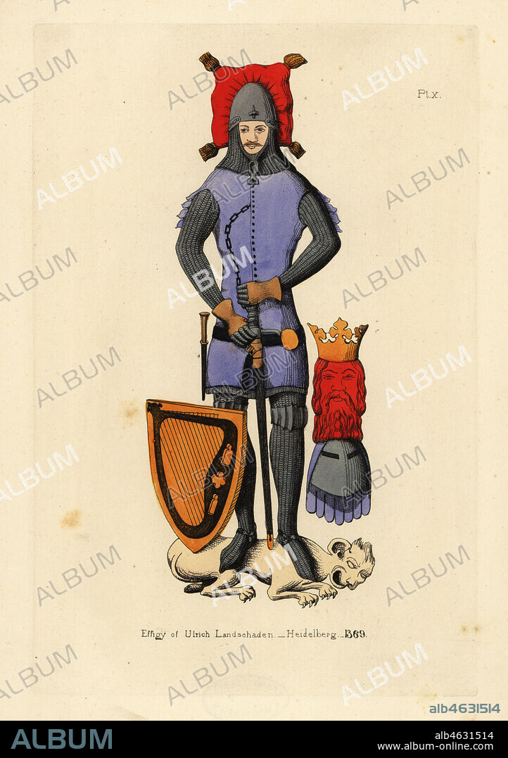 Effigy of Ulrich Landschaden, Heidelberg, 1369. Knight in suit of chainmail with tight cote-hardie or jupon, moveable nasal bascinet, gauntlets, knee armour and chest chain. Shown with sword, shield decorated with harp, large helm with crest. From the Evangelische Kirche, Neckarsteinach, Hesse, Germany. Handcoloured copperplate engraving from Thomas Anthony Day and J.H. Dines' Illustrations of Mediaeval Costume in England collected from manuscripts in the British Museum, Bibliotheque Nationale de Paris, Bosworth, London, 1853.