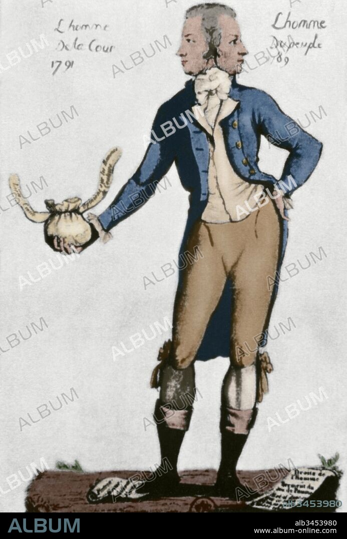 REVOLUCION FRANCESA (1789-1799). "La ambigüedad del político francés Antoine Barnave (1761-1793), revolucionario encarnecido en 1789 y partidario del rey en 1791". Caricatura satírica anónima del siglo XVIII. Coloreada.