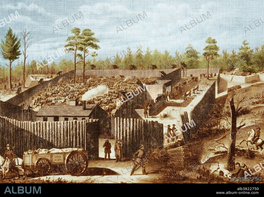 Color enhanced illustration of Andersonville Prison. Officially known as Camp Sumter, it was built in 1864 when Confederate officials decided to move Federal prisoners in and around Richmond to a place of greater security and more abundant food. Andersonville held more prisoners at any given time than any of the other Confederate military prisons. During the 14 months it existed, more than 45,000 Union soldiers were confined here. Of these, almost 13,000 died from disease, poor sanitation, malnutrition, overcrowding, or exposure to the elements. The prison covered 26 1/2 acres and was surrounded by a stockade of pine logs from 15 to 17 feet in height. Sentry boxes stood at 90-foot intervals along the top of the stockade. Once inside, 19 feet from the exterior wall, was the "deadline" The it was intended to prevent prisoners from climbing over the stockade or from tunneling under it. Guards had orders to shoot any prisoner who crossed the fence, or even reached over it.
