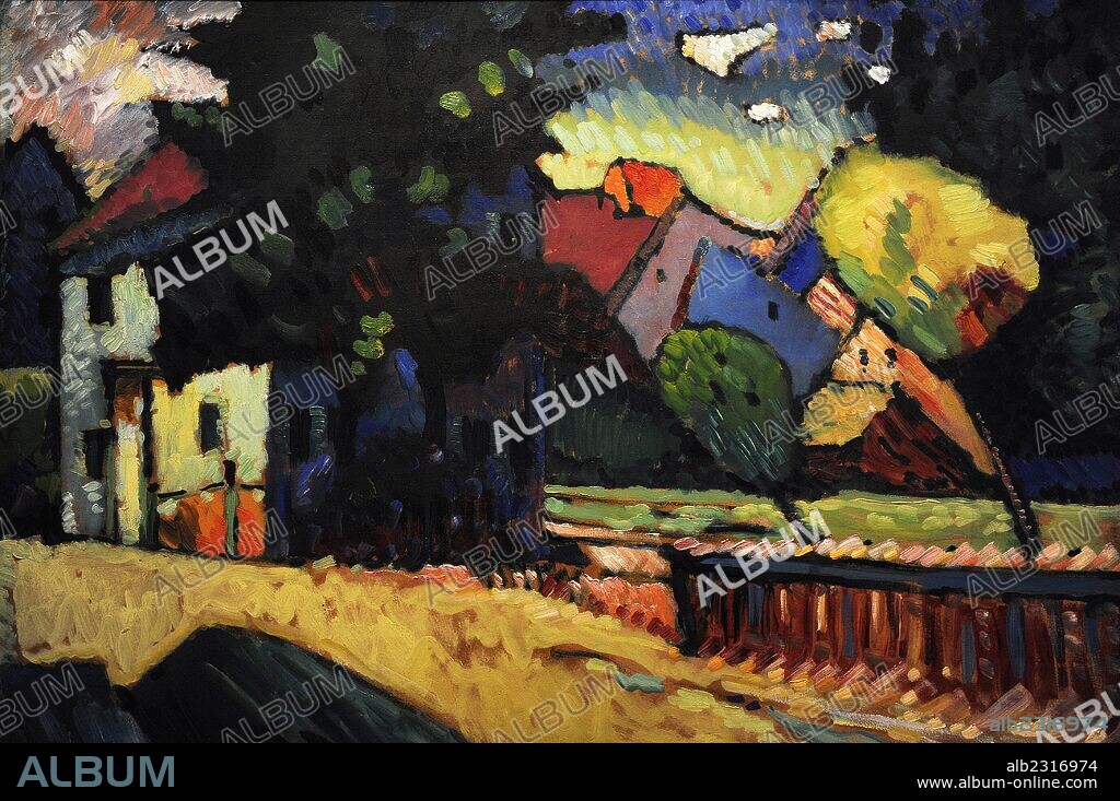 ARTE SIGLO XX. RUSIA. WASSILY KANDINSKY (Moscú, 1866-Neuilly-sur-Seine, 1944). Pintor ruso nacionalizado francés. Fue el precursor de la abstracción. "Murnau, Paisaje con casa verde, 1909". Museo de Israel. Jerusalén.