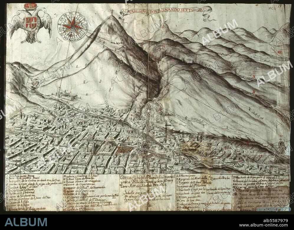 Potosi (Bolivie). Vue de la ville de Potosi avec la montagne "Cerro Rico" (riche en gisements d'argent). (En haut à gauche les armes de Ferdinand VI, roi d'Espagne). Dessin, lavis à la plume, 1758, anonyme.