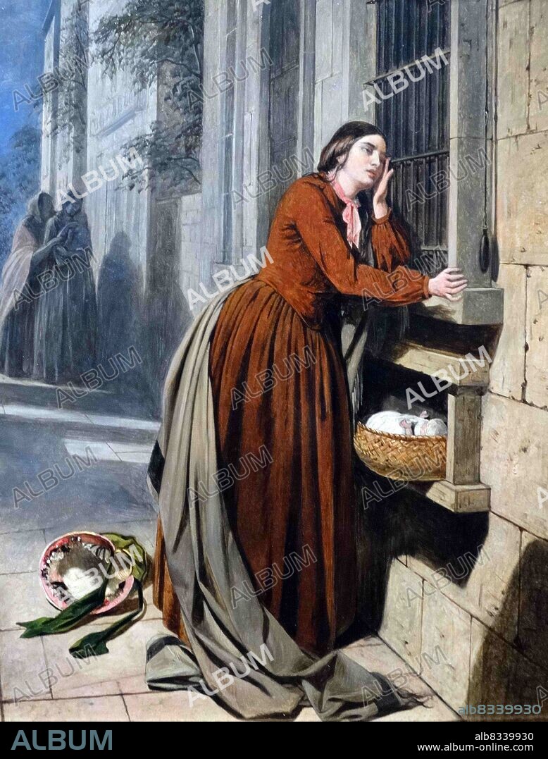 A mother depositing her child at the Foundling Hospital in Paris, c1855. By Henry Nelson O'Neil. Henry Nelson O'Neil ARA (1817 in Russia - 1880) was a historical genre painter and minor Victorian writer.