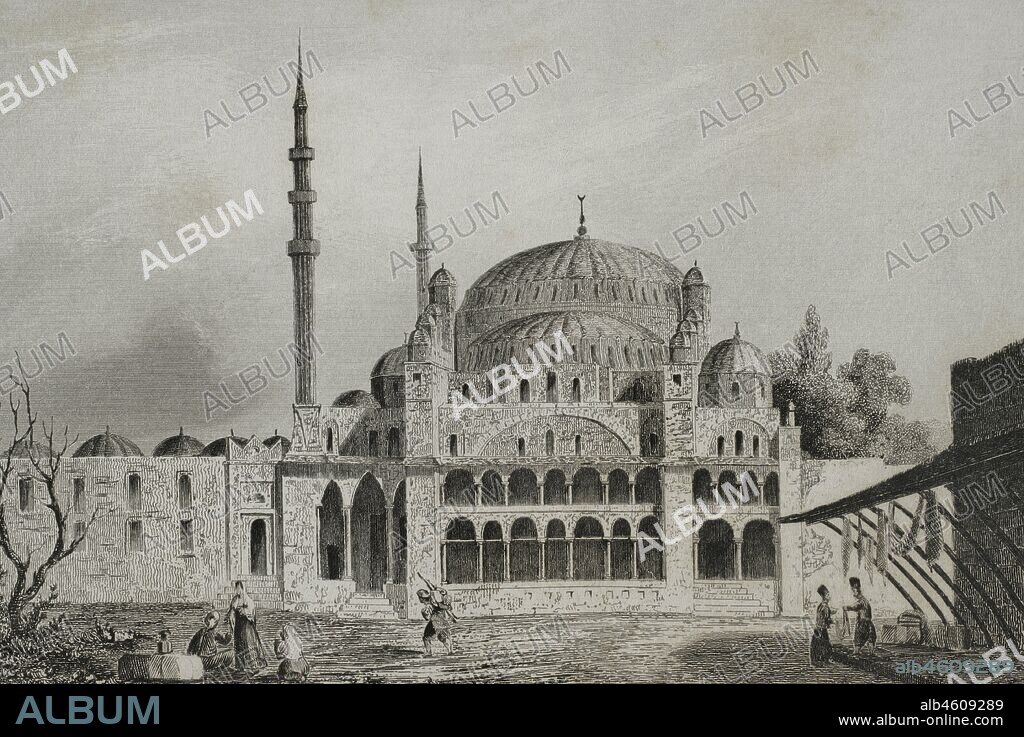Imperio Otomano. Turquía. Constantinopla (actual Estambul). Mezquita de la Sultana Yeni Valide. Construida en el siglo XVIII. Grabado por Lemaitre y J. Arnaut. Historia de Turquía, por Joseph Marie Jouannin (1783-1844) y Jules Van Gaver. Panorama Universal, edición española de 1840.