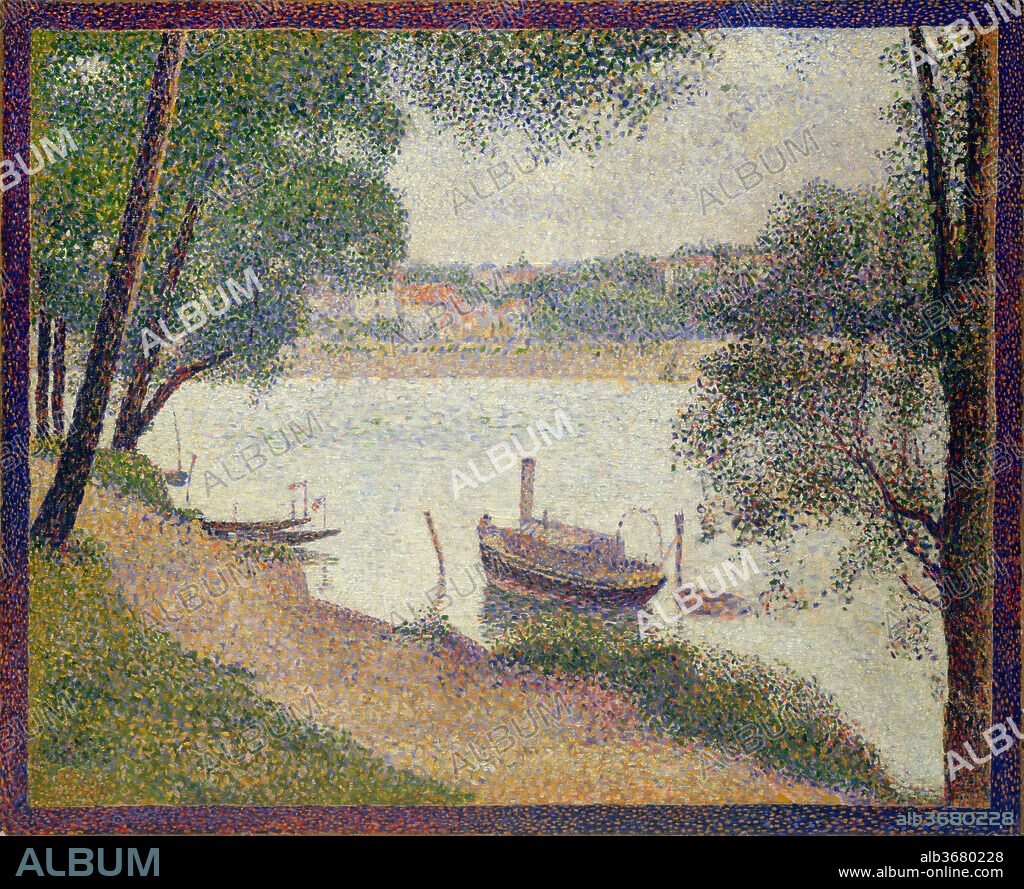 Gray Weather, Grande Jatte. Artist: Georges Seurat (French, Paris 1859-1891 Paris). Dimensions: 27 3/4 x 34 in. (70.5 x 86.4 cm). Date: ca. 1886-88.
This view extends from the island of La Grande Jatte, framed by trees, to the red-roofed houses of the Paris suburb of either Asnières or Courbevoie across the Seine. Seurat had earlier celebrated this stretch of the river with his ambitious compositions <i>Bathers at Asnières</i> (1883-84, National Gallery, London) and <i>A Sunday on La Grande Jatte</i> (1884-86, Art Institute of Chicago). Here he sought "to transcribe most exactly the vivid outdoor clarity [of nature] in all its nuances" using a technique known as Divisionism (also called Pointillism). The painted border was added shortly before the picture was first exhibited in 1889.