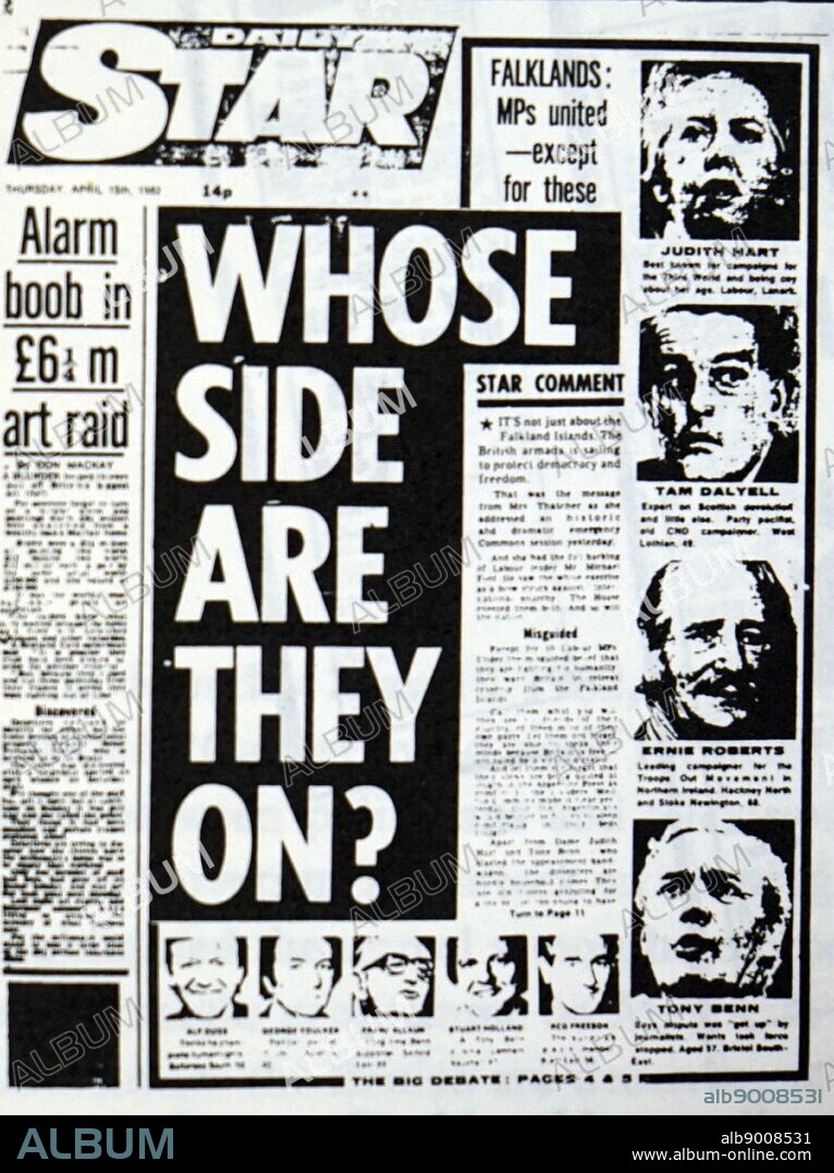 Front page of the Daily Star reporting on Falklands War. Dated 20th Century.