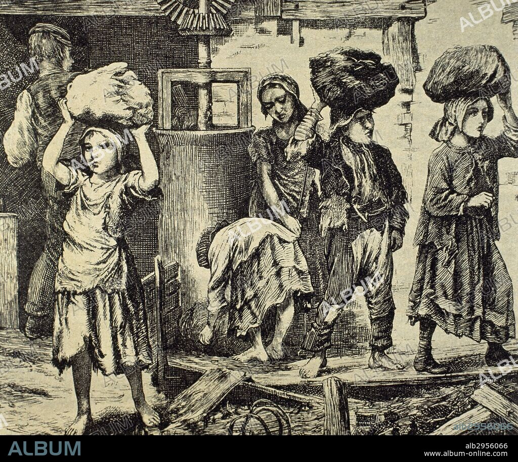 Niños y niñas trabajando en una industria de principios del siglo XIX. Grabado de la época.