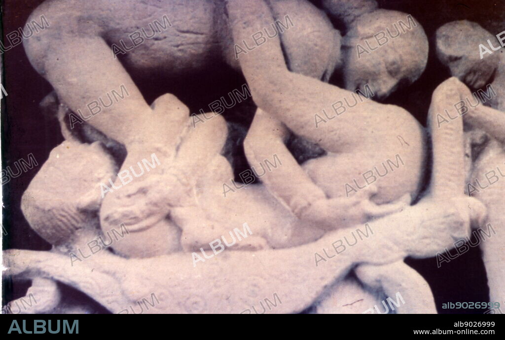 Sculpture from the Khajuraho Group of Monuments is a group of Hindu and Jain temples in Madhya Pradesh, India. They are one of the UNESCO World Heritage Sites in India. The temples are famous for their nagara-style architectural symbolism and their erotic sculptures. Most Khajuraho temples were built between 950 and 1050 by the Chandela dynasty. The Khajuraho group of temples were built together but were dedicated to two religions, Hinduism and Jainism.