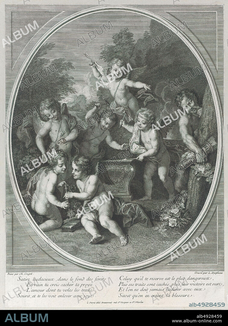 Louis Desplaces, Blacksmith Cupids, Louis Desplaces (French, Paris 16821739 Paris), After Charles Antoine Coypel (French, Paris 16941752 Paris), 171439, Engraving, Sheet (Trimmed): 14 5/8 × 10 11/16 in. (37.1 × 27.1 cm), Prints.