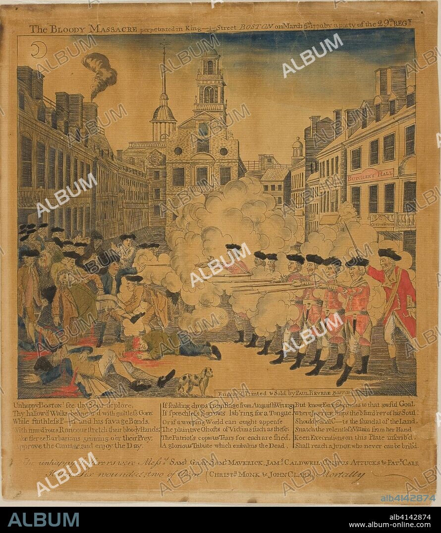 PAUL REVERE II. The Boston Massacre. Paul Revere, II; American, 1735-1818. Date: 1770. Dimensions: 202 x 219 mm (image); 262 x 230 mm (block); 276 x 240 mm (sheet). Wood engraving, with hand coloring, on tan laid paper. Origin: United States.