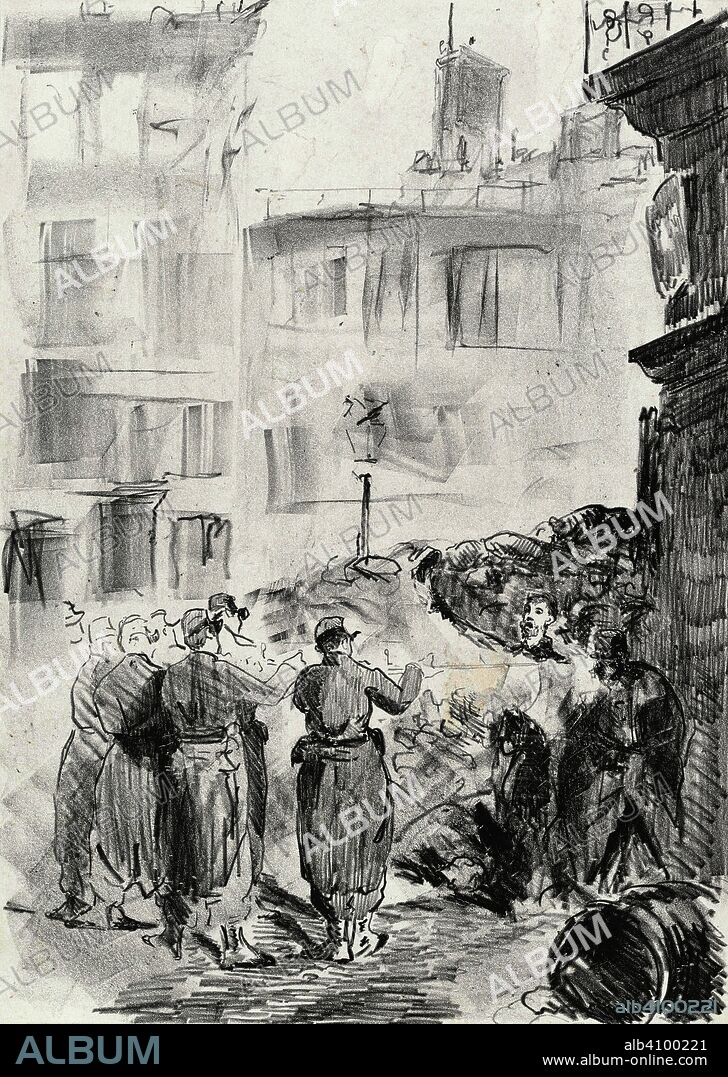 EDOUARD MANET. The Barricade, Scene from the Commune of Paris (La barricade, scène de la Commune de Paris). Dimensions: 49.2 cm x 36.8 cm, 46.4 cm x 33.3 cm, 46.4 cm x 33.3 cm.