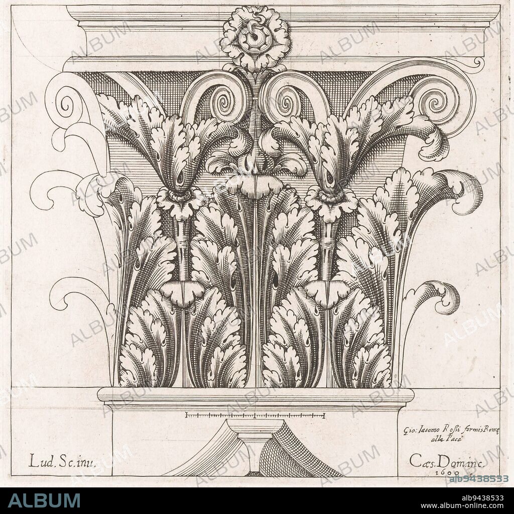 Captain with acanthus motif, print maker: Cesare Domenichi, (mentioned on object), Ludovico Scalzi, (mentioned on object), publisher: Giovanni Giacomo de'Rossi, (mentioned on object), print maker: Italy, Italy, publisher: Rome, 1600 and/or 1637 - 1691, paper, engraving, etching, h 172 mm - w 179 mm.