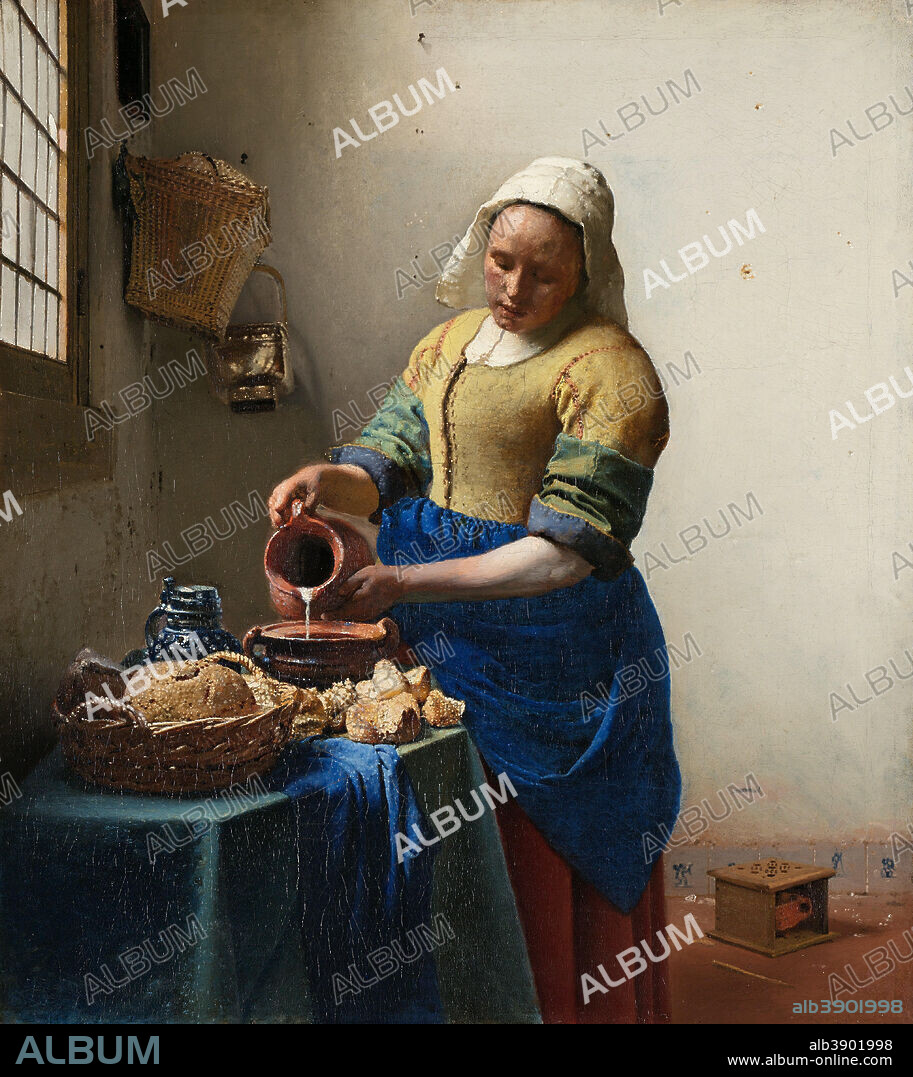 JAN VERMEER. Het melkmeisje / The Milkmaid. Date/Period: Ca. 1660. Painting. Oil on canvas. Height: 45.5 cm (17.9 in); Width: 41 cm (16.1 in).