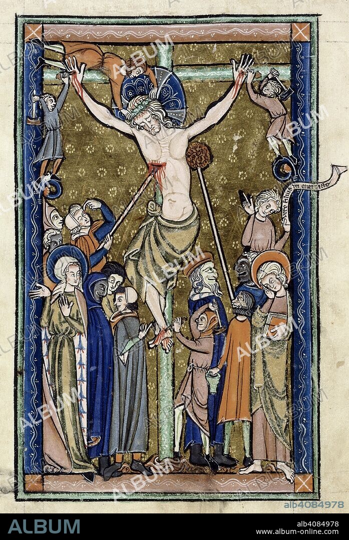 The Crucifixion. The nailing of Christ to the Cross, as Longinius pierces his side with a spear, and Stephaton hands up a sponge. The Virgin and St John stand at the foot of the Cross. Huth Psalter. England [Lincoln or York?]; after 1280. Source: Add. 38116, f.11v. Language: Latin.