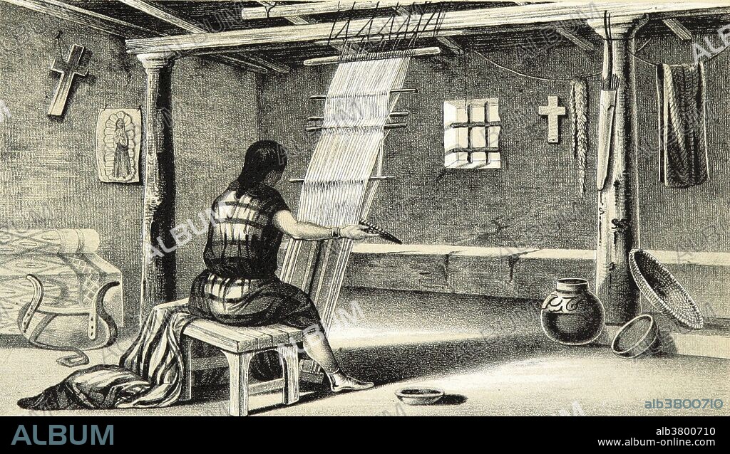 Pueblo Zuni weaving in New Mexico. An Illustration by R. H. Kern from "Report of an Expedition Down the Zuni and Colorado Rivers in 1851," by Captain L. Sitgreaves. Lorenzo Sitgreaves, along with a team of topographers, naturalists, artists, and infantrymen explored and mapped the Zuni and Colorado Rivers in America. Sitgreaves' official report was published in 1853.