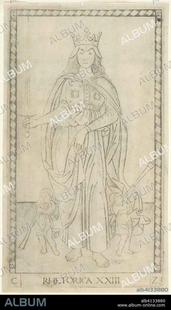 Rhetoric, plate 23 from Arts and Sciences. Master of the E-Series Tarocchi; Italian, active c. 1465. Date: 1460-1470. Dimensions: 179 x 100 mm (plate); 185 x 107 mm (sheet). Engraving in black on ivory laid paper. Origin: Italy.