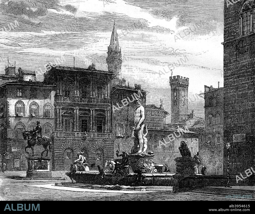 The Fountain of Neptune, Piazza della Signoria, Florence, Italy, 19th century.
