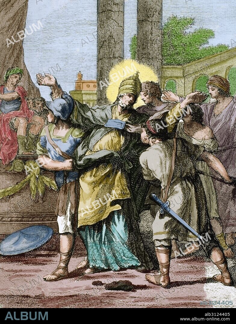 Pope Telesphorus (died c. 137). Bishop of Rome from c. 126 -137, during reigns of Roman Emperors Hadrian and Antoninus Pius. Engraving. Colored.