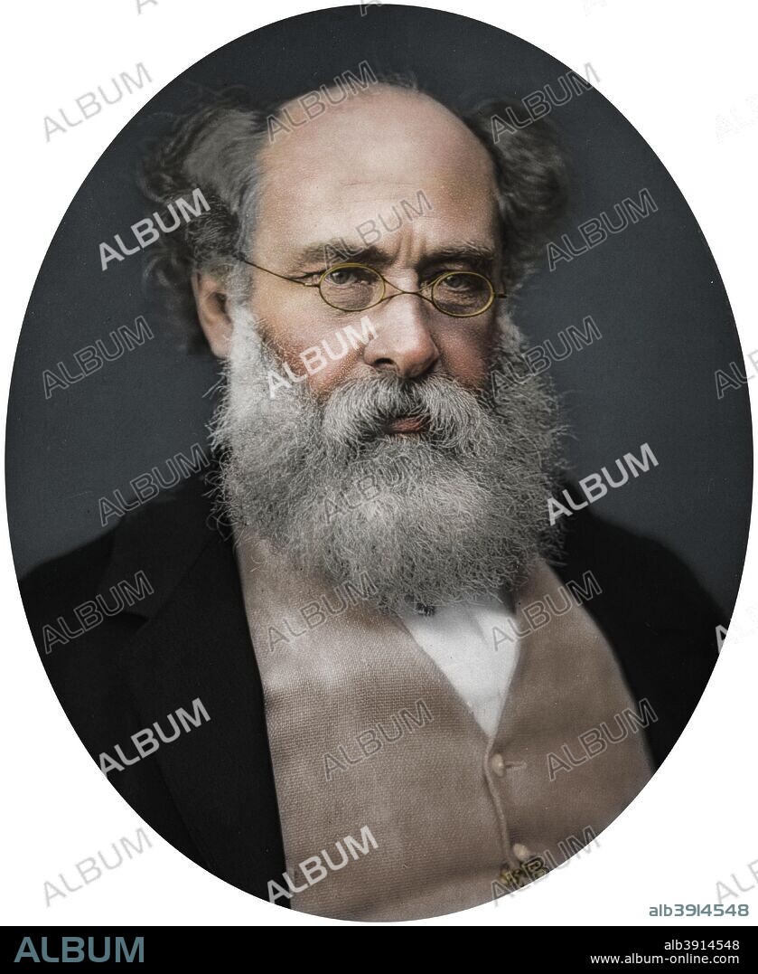 Anthony Trollope, writer, 1878. Trollope was one of the greatest Victorian novelists. He gained his reputation through a series of novels set in the fictional county of Barsetshire. These books include, The Warden, (1855), Barchester Towers, (1857) and The Last Chronicle of Barset, (1867). A second series of novels, set against a political background, includes Phineas Finn, (1869) and The Eustace Diamonds, (1873). From Men of Mark: a gallery of contemporary portraits of men distinguished in the Senate, the Church, in science, literature and art, the army, navy, law, medicine, etc. Photographed from life by Lock and Whitfield, with brief biographical notices by Thompson Cooper. (Conducted by G. C. Whitfield.) (London, 1876-1883). (Colorised black and white print).