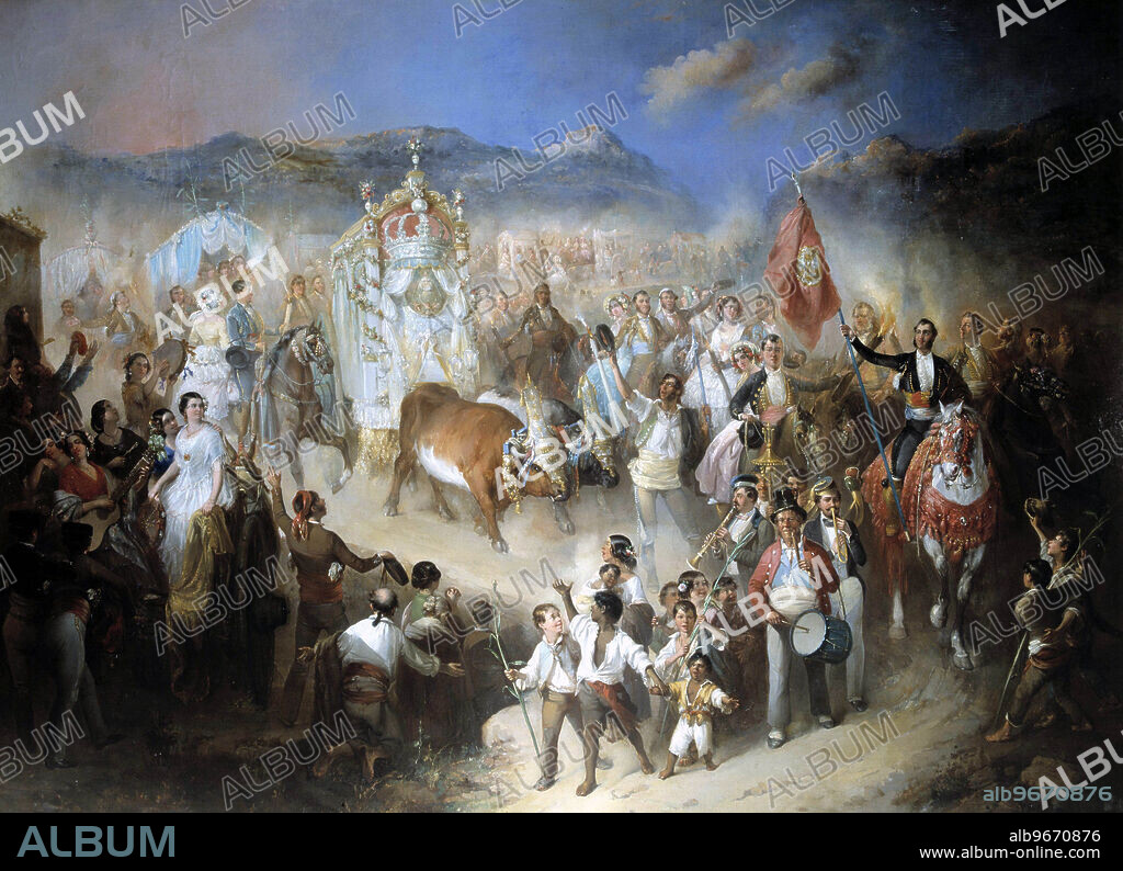 MANUEL RODRÍGUEZ DE GUZMÁN. RODRIGUEZ DE GUZMAN , MANUEL. PINTOR ESPAÑOL . SEVILLA 1818 - 1887. " PROCESION DEL ROCIO " , OLEO AÑO 1853. PALACIO REAL . MADRID . PATRIMONIO NACIONAL.