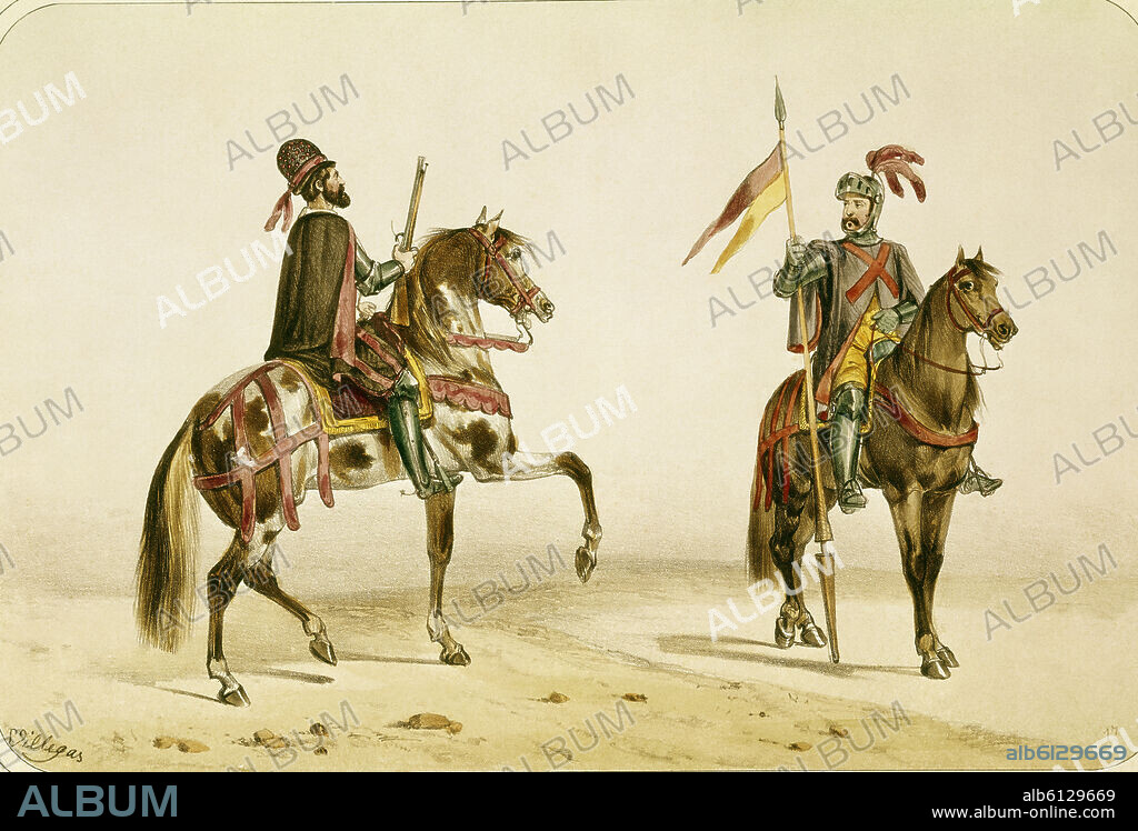 JOSE RUBIO DE VILLEGAS. HERRERUELO O PISTOLETE Y HOMBRE DE ARMAS DE 1560 - ALBUM DE LA CABALLERIA ESPAÑOLA - 1861.