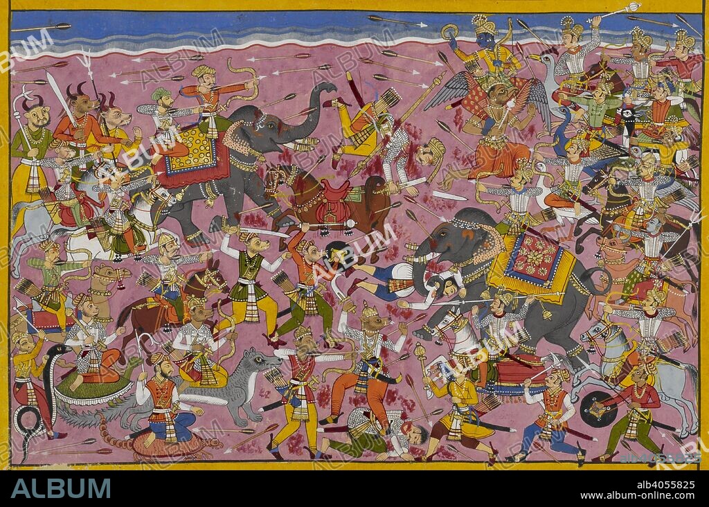 Vishnu with the army of Gods are shown to the right, the demon army facing them on the left. In the centre, one of Sukesha's sons, Mali, is seen with a lance piercing his chest and falling from his horse, his sword broken in two. Ramayana. Udaipur, 1653. Source: Add. 15297(2), f.16. Language: Sanskrit.
