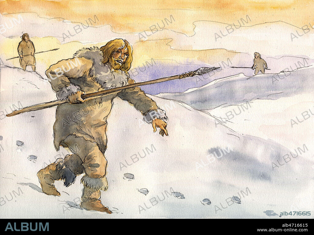-12000ans : un groupe d'hommes de Cro-Magnon suivent les traces d'un rene. Cet animal jouait un role fondamental dans la culture paléolithique : nourriture, rituel...Surtout en pleine glaciation. Illustration de Thierry SCHNEYDER realisee en 2008. Credit : T. Schneyder / KHARBINE-TAPABOR.