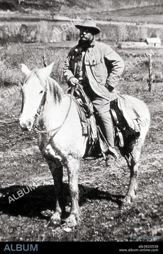 President Theodore Roosevelt on a horse in Colorado. Photographer unknown, 1905. After his inauguration as president of the United States in 1901 Roosevelt became an even greater champion of conservation. In 1903, he interrupted a national speaking tour to spend two weeks camping in Yellowstone National Park; visited the Grand Canyon and called for its protection; then went to Yosemite, where he and John Muir slept out under the stars for three nights while Muir urged him to make Yosemite Valley part of a larger Yosemite National Park. As president, Roosevelt created five national parks (doubling the previously existing number); signed the landmark Antiquities Act and used its special provisions to unilaterally create 18 national monuments, including the Grand Canyon; set aside 51 federal bird sanctuaries, four national game refuges, and more than 100 million acres' worth of national forests.