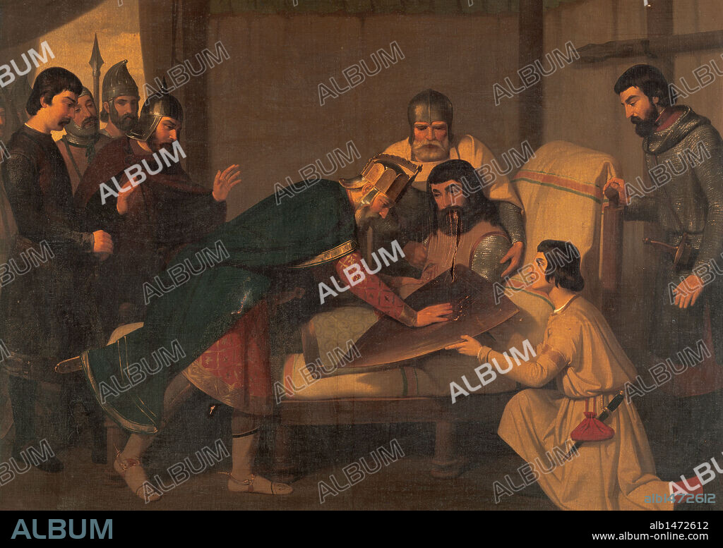 GUIFRE I el Pilós (h. 840-897). Primer Conde Soberano de Barcelona (878-897). "CREACION DEL ESCUDO DEL CONDADO DE BARCELONA". El monarca francés Carlos II el Calvo unta los dedos en la herida mortal de Guifré y estampa su mano con el emblema heráldico en su escudo dorado (año 897), recompensando así los servicios prestados. Pintura de Claudio Lorenzale (1815-1889). Real Acadèmia Catalana de Belles Arts de Sant Jordi. Barcelona.