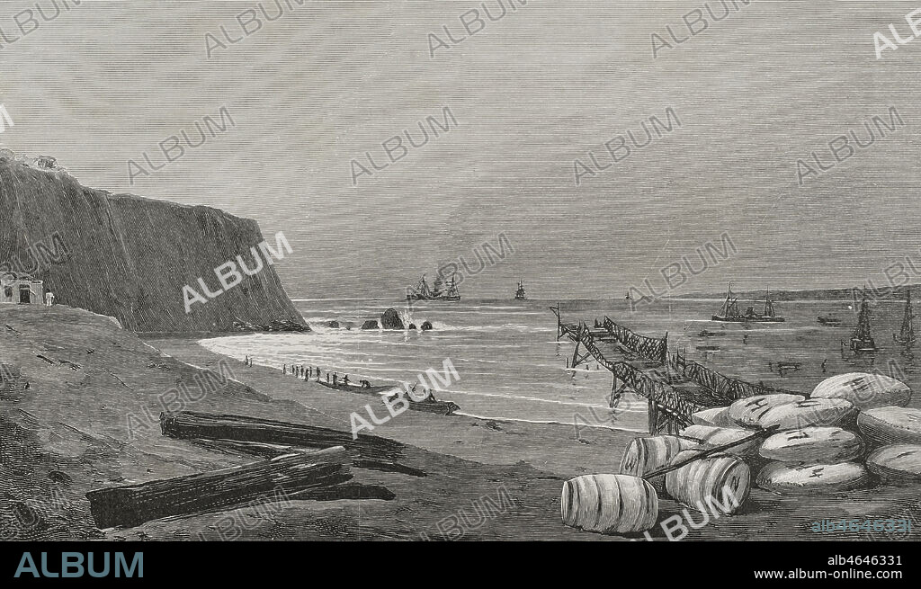 Historia de Africa. Siglo XIX. Angola. Costa de Ambriz. Panorámica. Grabado. El Congo y la Creación del Estado Independiente de este nombre. Historia de los Trabajos y Exploraciones Verificados, por Enrique M. Stanley. Editada en Barcelona, hacia 1890. España.