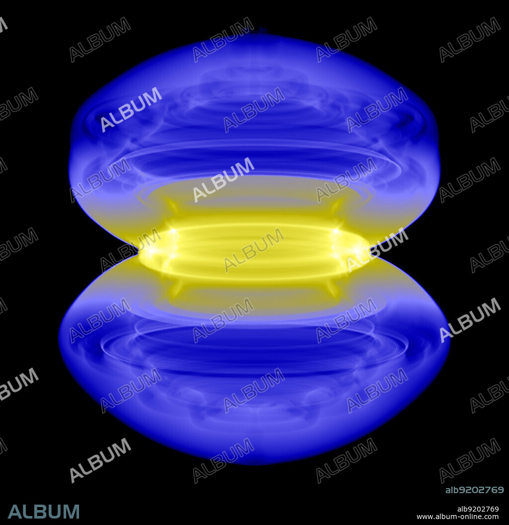 Over 400 years ago, Johannes Kepler and many others witnessed the appearance of a new "star" in the sky. Today, this object is known as the Kepler supernova remnant. Previously, astronomers have deduced that the Kepler remnant comes from a so-called Type Ia supernova, which is the result of a thermonuclear explosion of a white dwarf. New data from Chandra suggest that this white dwarf exploded after pulling material from a companion red giant star, and not from the merger with another white dwarf. In this graphic a two dimensional simulation of the Kepler supernova has been projected into three dimensions and converted back into a 2D graphic, to compare with Chandra and Spitzer data. Yellow shows high density gas and blue shows low density gas. The simulation does a good job at reproducing the disk-like structure [see #1 above] seen in the data. This supports the author's interpretation that the disk-like structure formed when interaction occurred between the supernova and a wind left behind by the giant star companion to the exploded star. Release date March 18, 2013.