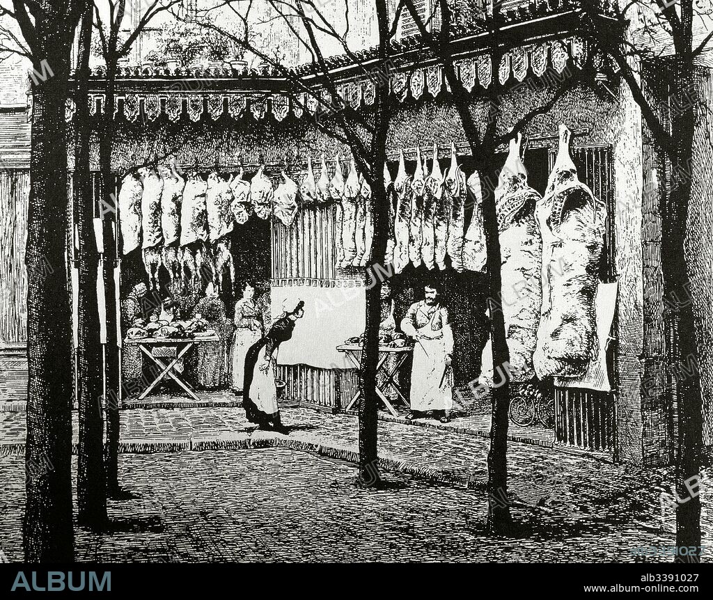 France. Paris. Butcher shop in Les Halles. Engraving. 19th century.