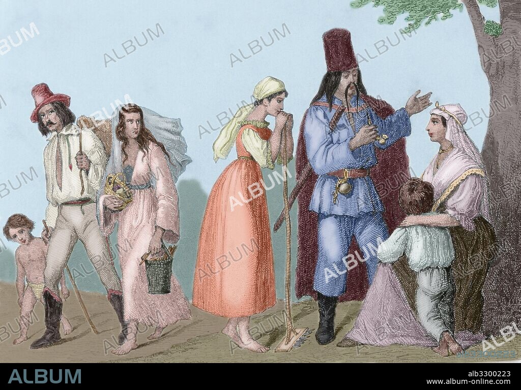 Hungary. Villagers and peasants. Engraving, 19th century. Colored.