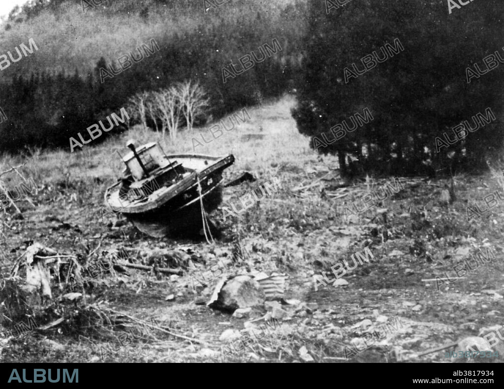 Japanese fishing vessel thrown ashore by tsunami accompanying earthquake of March 2, 1933, on the Sanriku coast of Japan. Although the earthquake did little damage, the associated tsunami, which was recorded to reach the height of 94 feet at Ofunato, Iwate, caused extensive damage, destroyed many homes and caused numerous casualties. The tsunami destroyed over 7,000 homes along the northern Japanese coastline, of which over 4,885 were washed away. The death toll came to 1522 people confirmed dead, 1542 missing, and 12,053 injured.