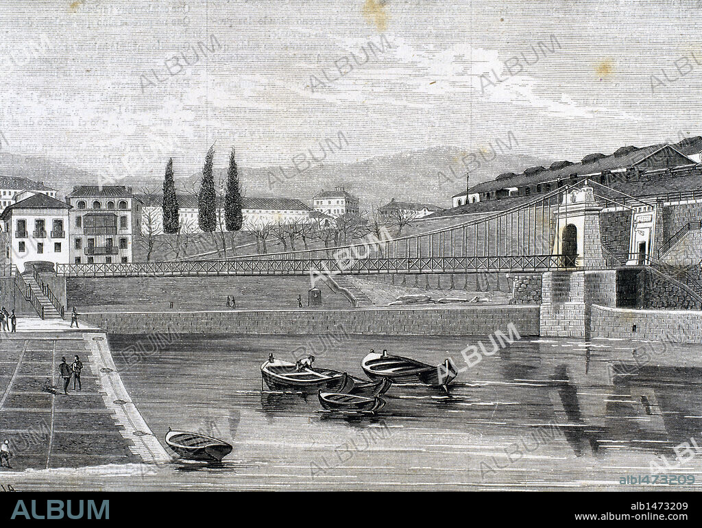 HISTORIA DE ESPAÑA. PAIS VASCO. BILBAO. PUENTE DE LOS FUEROS sobre la Ría. Grabado de la "Ilustración Española y Americana" (1872) .