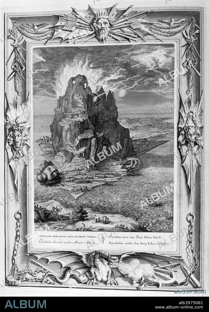 Enceladus buried underneath Mount Etna, 1733. A plate from Le Temple des Muses, Amsterdam, 1733. Fround in the collection of Jean Claude Carriere.