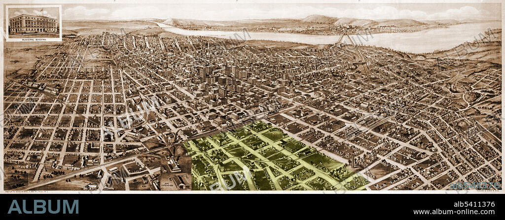 Map of Tulsa, Oklahoma, in 1918, looking south, with the Greenwood District, known as Black Wall Street, highlighted in green. (The area extends off the map.) The Tulsa Race Massacre of 1921 completely destroyed this prosperous Black area of town.