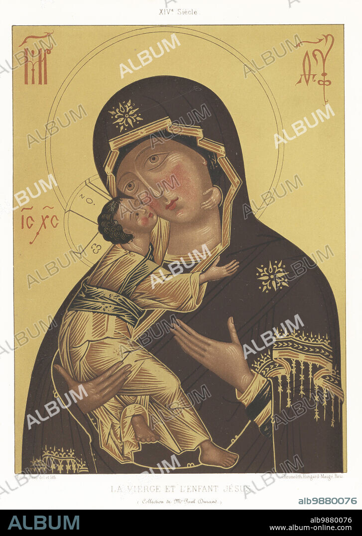 Virgin Mary and the infant Jesus in cross halo. With the inscription IC XC, Jesus Christ. Painting on wood attributed to Barnabo, Florentine artist who died in 1151, by the art collector Paul Durand, but probably 14th century.. La vierge et l'enfant Jesus, XIVe siecle. Chromolithograph by Emile Beau from Charles Louandres Les Arts Somptuaires, The Sumptuary Arts, Hangard-Mauge, Paris, 1858.