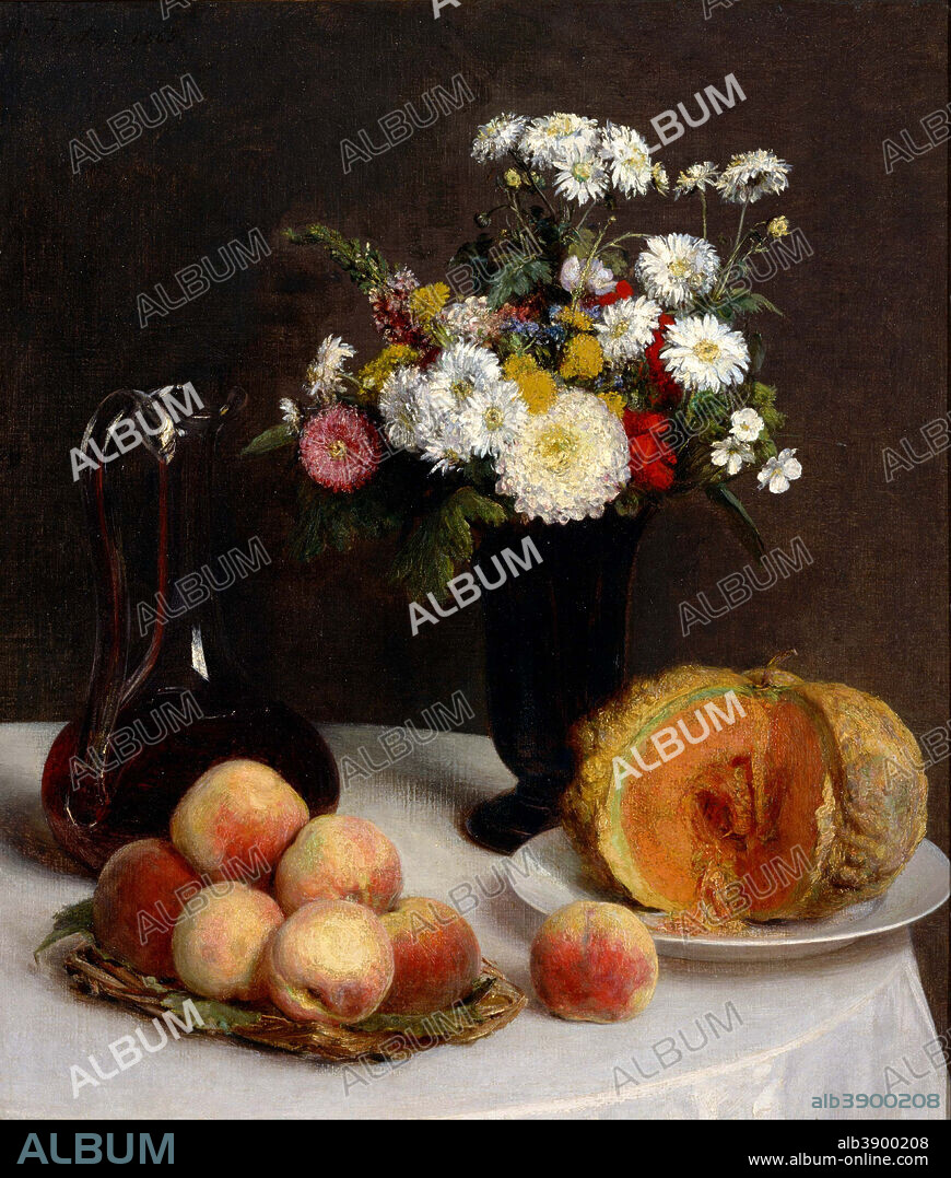 HENRI FANTIN-LATOUR. Still Life with a Carafe, Flowers and Fruit. Date/Period: 1865. Painting. Oil on canvas Oil on canvas. Height: 591 mm (23.26 in); Width: 515 mm (20.27 in).