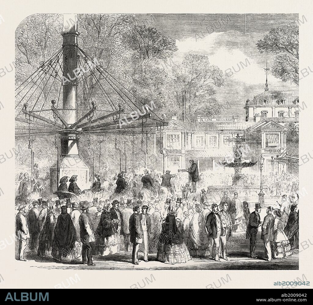 BRITISH EXCURSIONISTS IN THE CHAMPS ELYSÉES: THE WOODEN HORSES, FRANCE.