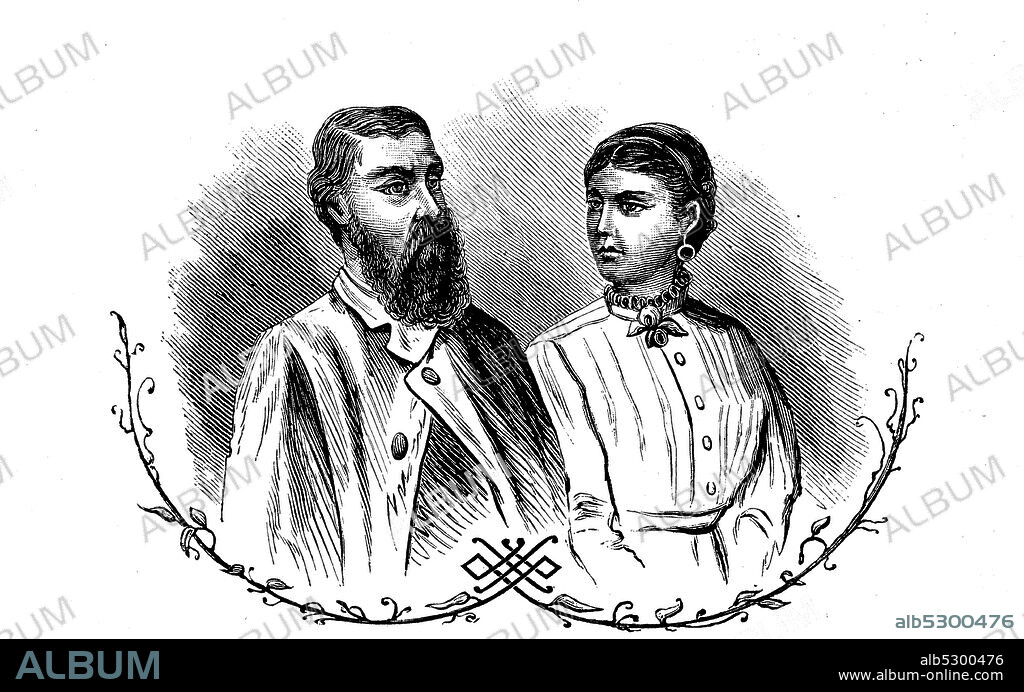 Sir Samuel Baker Pasha (* June 8, 1821- December 30, 1893) was a British explorer, here with his wife  /  Sir Samuel White Baker Pascha (* 8. Juni 1821- 30. Dezember 1893) war ein britischer Afrikaforscher, hier mit seiner Frau, historical, digital improved reproduction of an original from the 19th century / digitale Reproduktion einer Originalvorlage aus dem 19. Jahrhundert'.